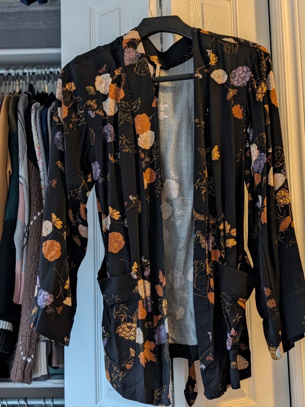 Free People Black Kimono with Mustard Yellow Floral Accents